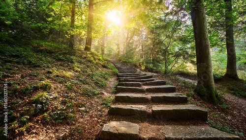 sunlit forest path with stone steps