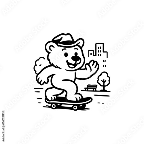 A cartoon bear wearing a hat rides a skateboard in a city park
