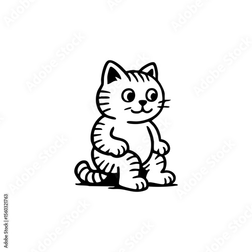 Black and white cartoon drawing of a sitting cat.  Simple, stylized lines depict a small, friendly feline with large eyes and a smiling expression.  The cat has striped fur and is in a seated pose