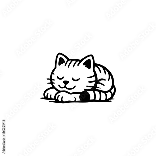 A black and white cartoon of a sleeping tabby cat.  Simple line art depicts a  cute, relaxed feline with closed eyes, lying down.  Striped fur and small details add character