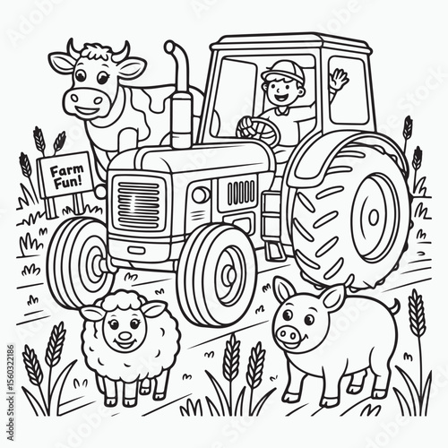 Farm scene with tractor cow sheep and pig coloring page art