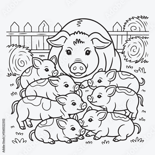 Coloring page of a mother pig with her piglets in a field