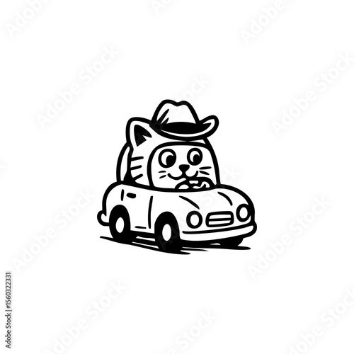 Cartoon cat wearing a cowboy hat drives a small car