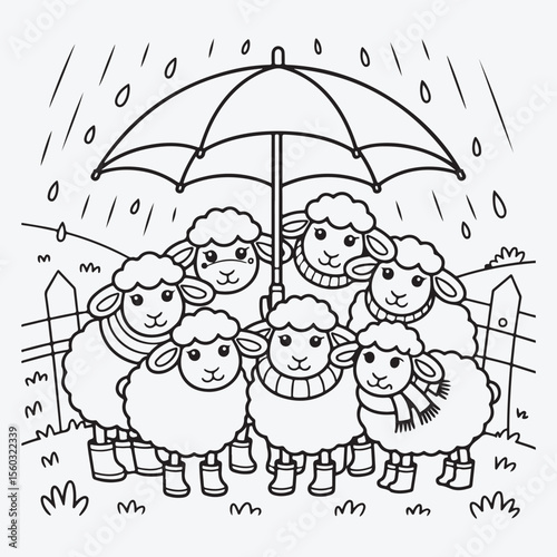 Sheep under an umbrella in the rain coloring page design