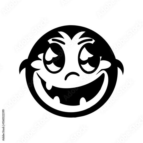 Cartoon vampire face with a big smile and pointy ears