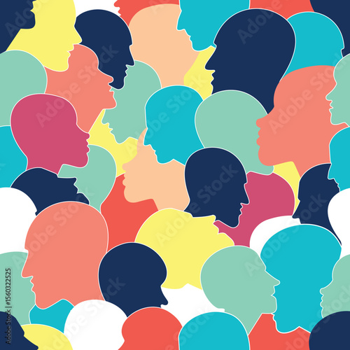 Seamless pattern of a crowd of many different people profile heads from diverse ethnic. Vector background.