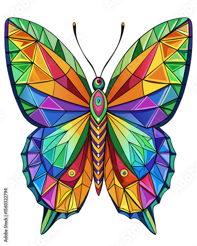 butterfly , Stained Glass Style, Full body	, stained glass style, full body, pattern polygon, full color rainbow