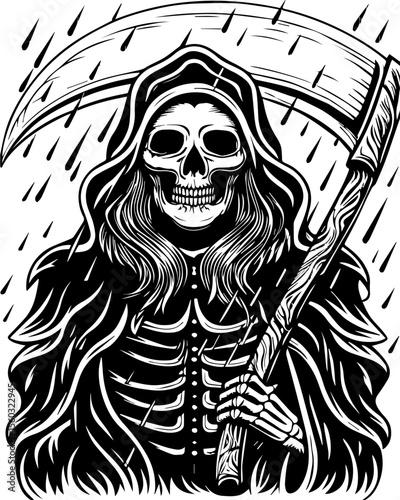 SVG of a samurai reaper with a fierce skull design. Grim Reaper in the Rain Holding a Scythe in Black and White Art