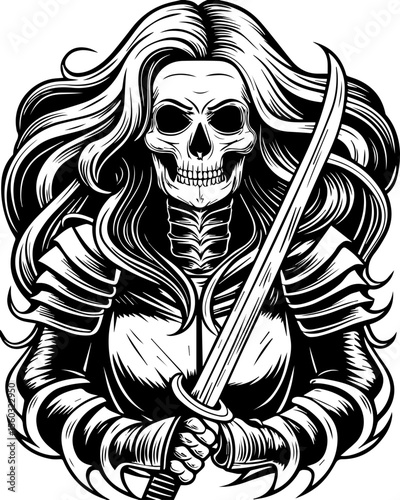 SVG of a samurai reaper with a fierce skull design. Fierce Skull Warrior in Elegant Armor with Long Flowing Hair