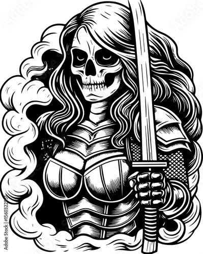 SVG of a samurai reaper with a fierce skull design. Mysterious Skeleton Warrior with Sword and Flowing Hair Design