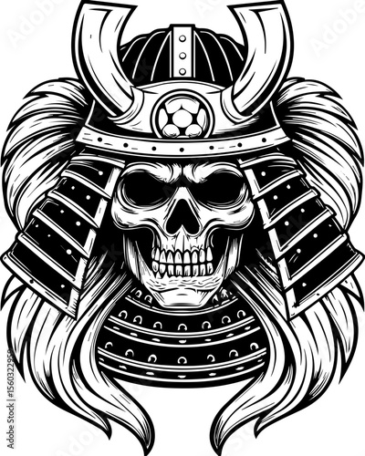 SVG of a samurai reaper with a fierce skull design. Skull Wearing Samurai Helmet in Bold Black and White Artwork Design
