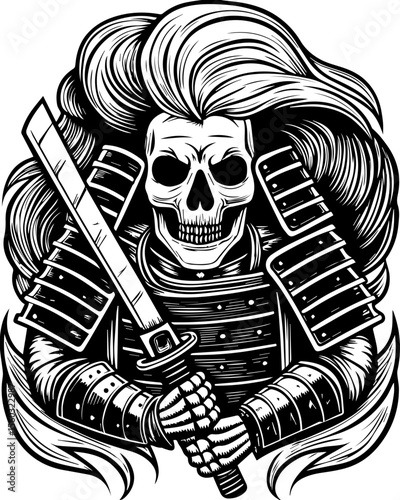 SVG of a samurai reaper with a fierce skull design. Skull Samurai Warrior with Sword and Wild Hair in Black and White