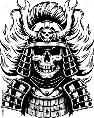 SVG of a samurai reaper with a fierce skull design. Dramatic Skull in Samurai Armor with Stylized Flames and Bold Lines