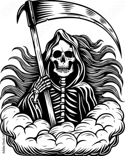 SVG of a samurai reaper with a fierce skull design. Grim Reaper Holding Scythe in Clouds with Flowing Hair and Skeleton