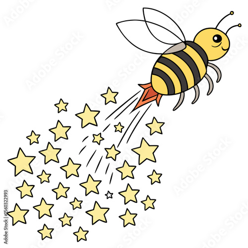 Cartoon bee with rocket booster flying and leaving a trail of stars in the background, isolated on white