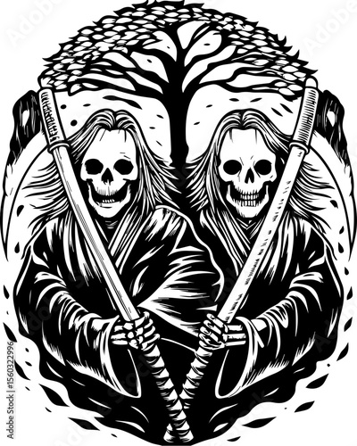 SVG of a samurai reaper with a fierce skull design. Dual Skull Warriors with Swords Under a Tree in Black and White Art
