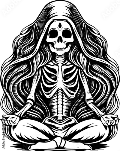 SVG of a samurai reaper with a fierce skull design. Elegant Skeleton Meditating with Long Flowing Hair in Black and White