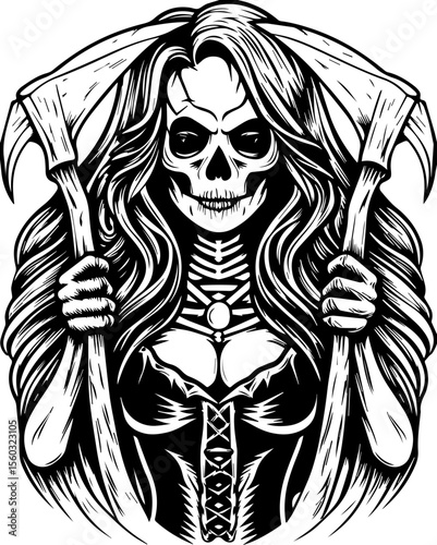 SVG of a samurai reaper with a fierce skull design. Skull Woman Holding Scythes with Long Hair in Black and White Art