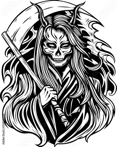 SVG of a samurai reaper with a fierce skull design. Dark and Mysterious Figure with Scythe and Skull Design