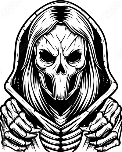 SVG of a samurai reaper with a fierce skull design. Sinister Grim Reaper with Skull and Cloak in Bold Black and White Art
