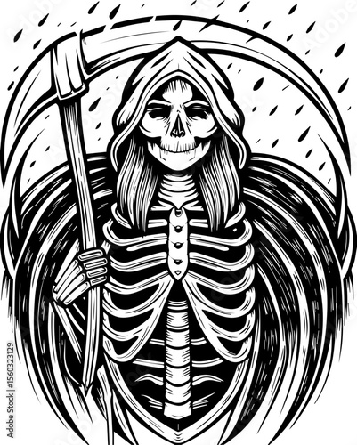 SVG of a samurai reaper with a fierce skull design. Grim Reaper with Scythe in Detailed Black and White Illustration
