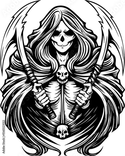 SVG of a samurai reaper with a fierce skull design. Dark Illustrative Grim Reaper Holding Scythes with Skull Elements