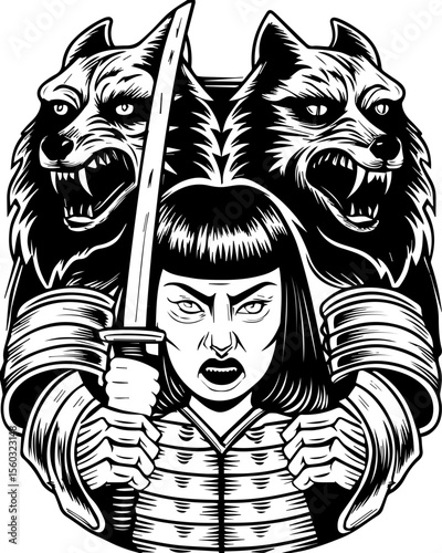 SVG of a samurai reaper with a fierce skull design. Fierce Warrior Woman with Wolves and Sword in Black and White Art
