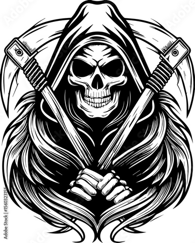 SVG of a samurai reaper with a fierce skull design. Grim Reaper Holding Scythes in Abstract Black and White Artwork