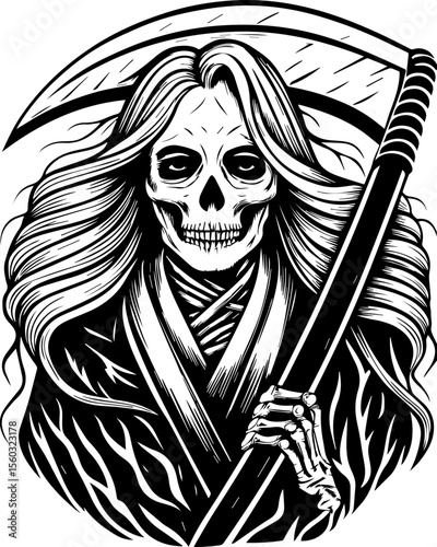SVG of a samurai reaper with a fierce skull design. Hairstyle and Scythe: Artistic Illustration of a Skeleton Woman