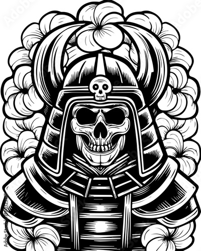 SVG of a samurai reaper with a fierce skull design. Skull Samurai Warrior Design with Floral Elements and Bold Lines