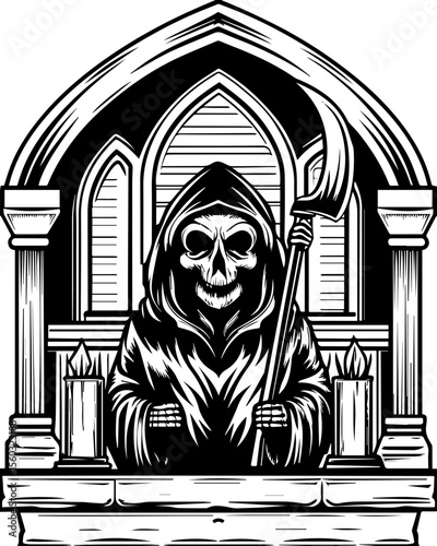 SVG of a samurai reaper with a fierce skull design. Grim Reaper Figure in Cloak with Scythe in Gothic Architecture