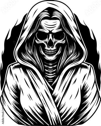 SVG of a samurai reaper with a fierce skull design. Dark Illustration of a Grim Reaper Skull in Cloak with Flames