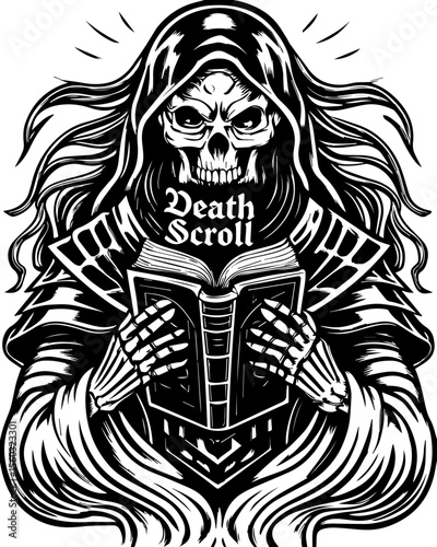 SVG of a samurai reaper with a fierce skull design. Mysterious Grim Reaper Holding Ancient Scroll with Intricate Design