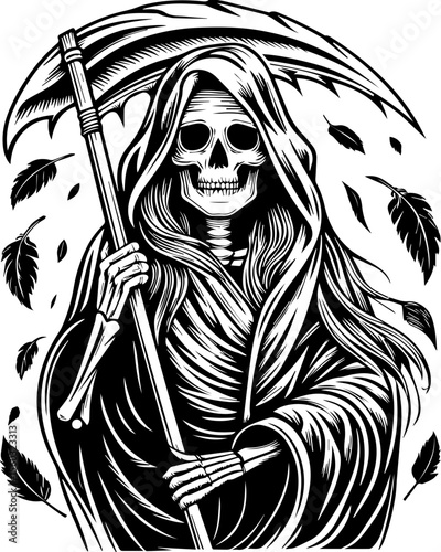 SVG of a samurai reaper with a fierce skull design. Dark Grim Reaper Illustration with Scythe and Floating Leaves
