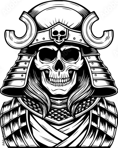 SVG of a samurai reaper with a fierce skull design. Skull Samurai Armor Illustration in Black and White Design