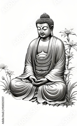  illustration in black and white of a Buddha statue on a garden
