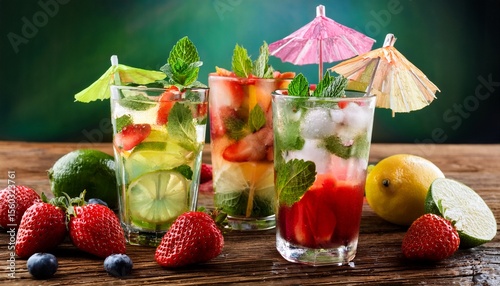 summer cocktails with fruits and ice cubes in glasses mint leaves on the rim fruit umbrellas strawberries and limes next to them on a wooden table generative ai