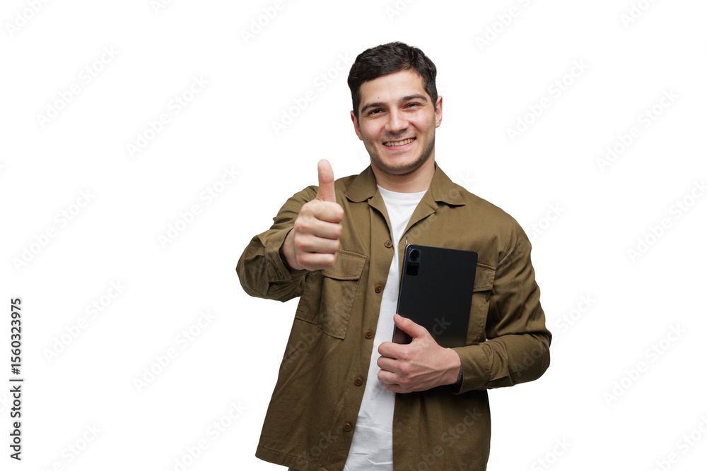 Smiling young man giving a thumbs up while holding a tablet in a bright, transparent background Smiling young man giving a thumbs up while holding a tablet in a bright, transparent background