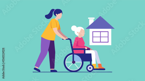 A caregiver assisting a person with a physical disability in using adaptive equipment such as a wheelchair or walker to move around the house.. Vector illustration