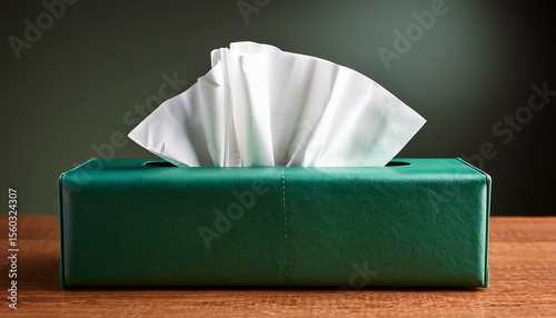 close up of rectangular green leather tissue box with white tissues