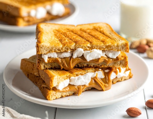 Toasted fluffernutter sandwich with oozing peanut butter and marshmallow cream served on a white plate