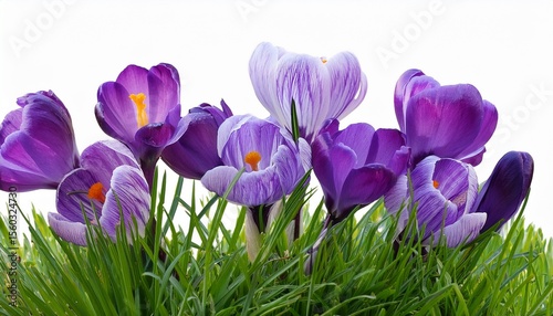 blooming purple flowers growing in green grass with transparent background