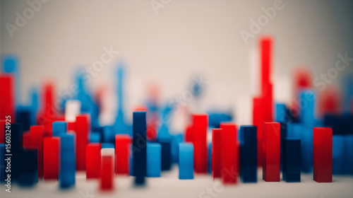 Close-up of red and blue bar chart representing political polling data, election results or voting statistics. Political analysis, democratic process and public opinion research concept.	