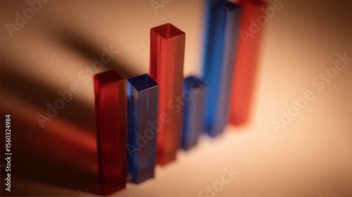 Close-up of red and blue bar chart representing political polling data, election results or voting statistics. Political analysis, democratic process and public opinion research concept.	