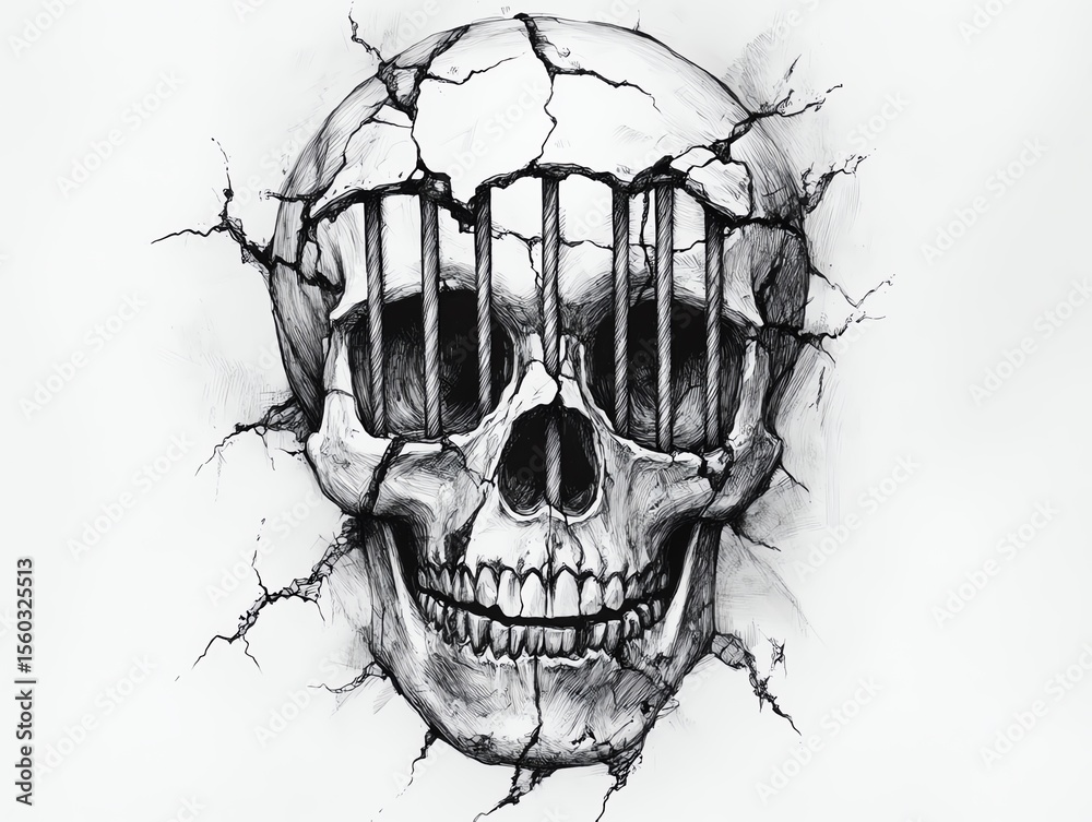 Obraz premium Intricate skull art with cracked wall design.