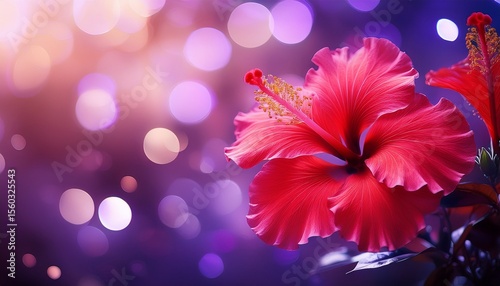 vibrant red hibiscus flower on bokeh background with purple tones