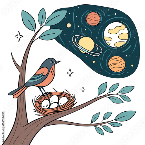 Illustration of a bird perched beside a nest with eggs on a tree branch dreaming of space and planets
