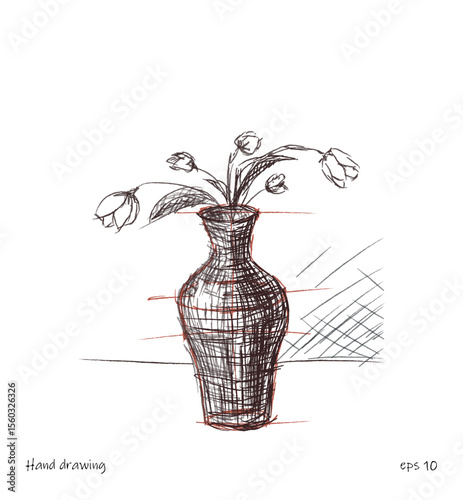Hand Drawn Vase with Flowers