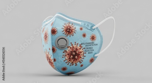 Virus Patterned Light Blue Respiratory Protective Mask with Exhalation Valve on Clean White Background Medical Safety Equipment