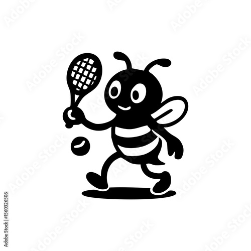 A bee holding a tennis racket and tennis balls